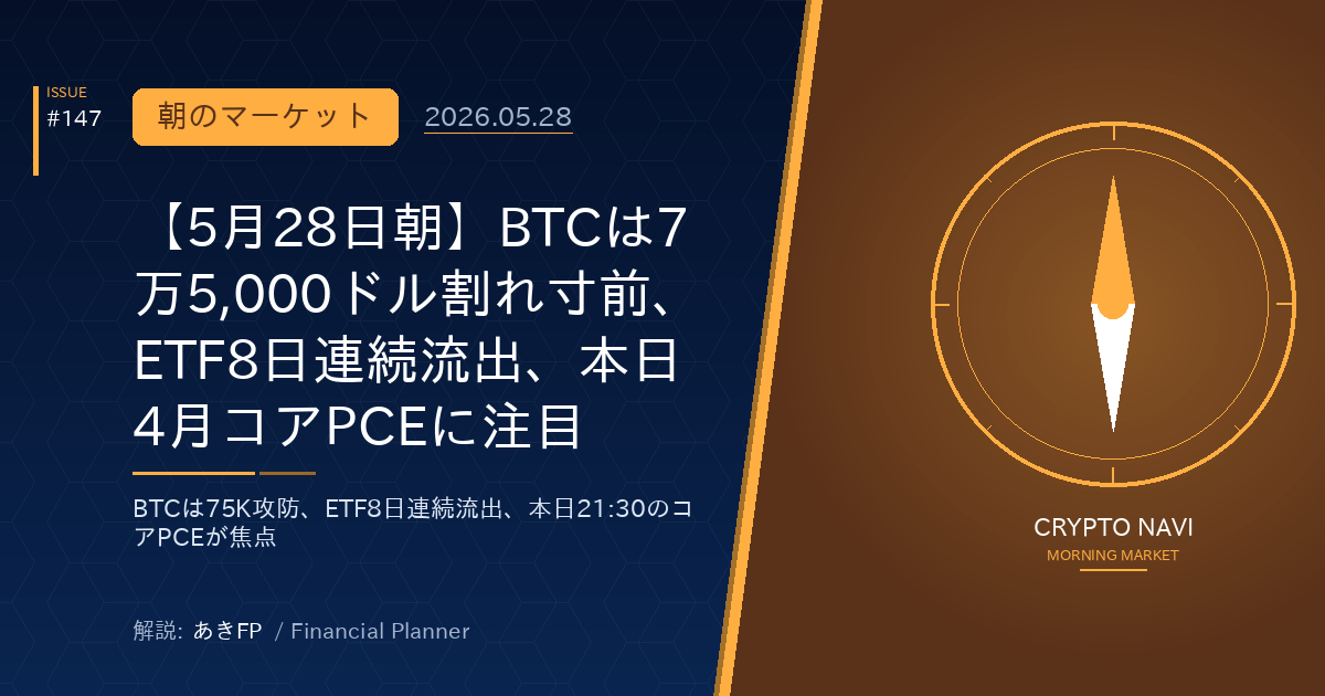 【5月28日朝】BTCは7万5,000ドル割れ寸前、ETF8日連続流出、本日4月コアPCEに注目