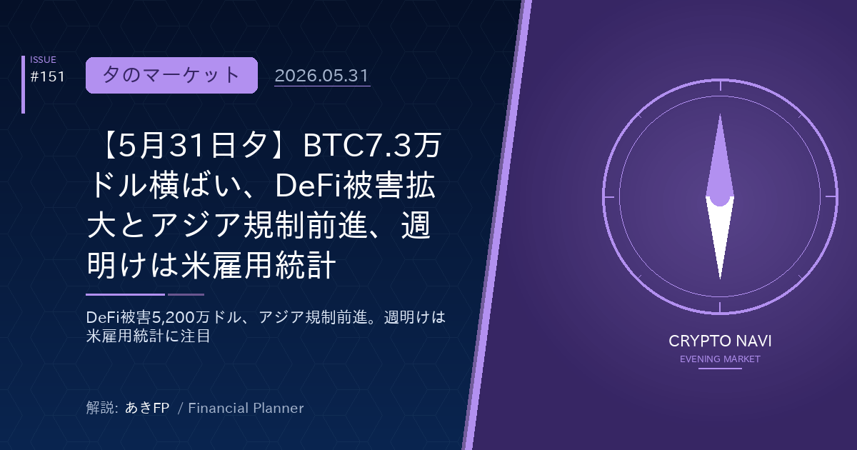 【5月31日夕】暗号資産マーケット速報 - DeFi被害拡大とアジア規制前進、週明け米雇用統計