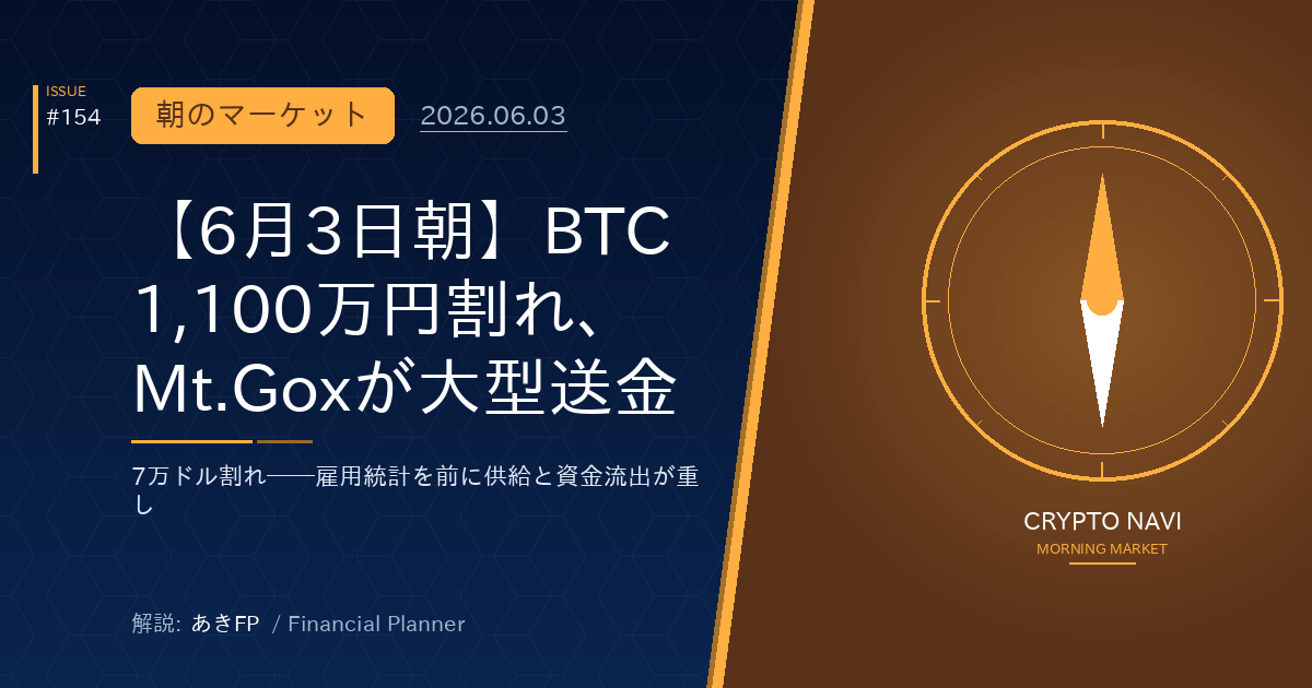 【6月3日朝】BTC1,100万円割れ、Mt.Goxが大型送金