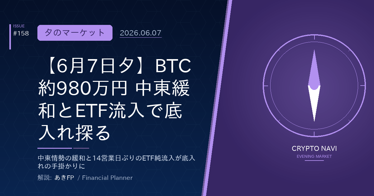 【6月7日夕】BTC約980万円 中東緩和とETF流入で底入れ探る