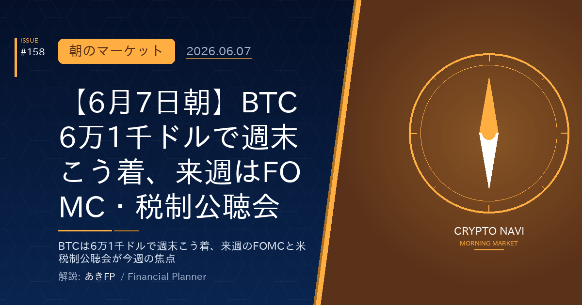【6月7日朝】BTC6万1千ドルで週末こう着、来週はFOMC・税制公聴会