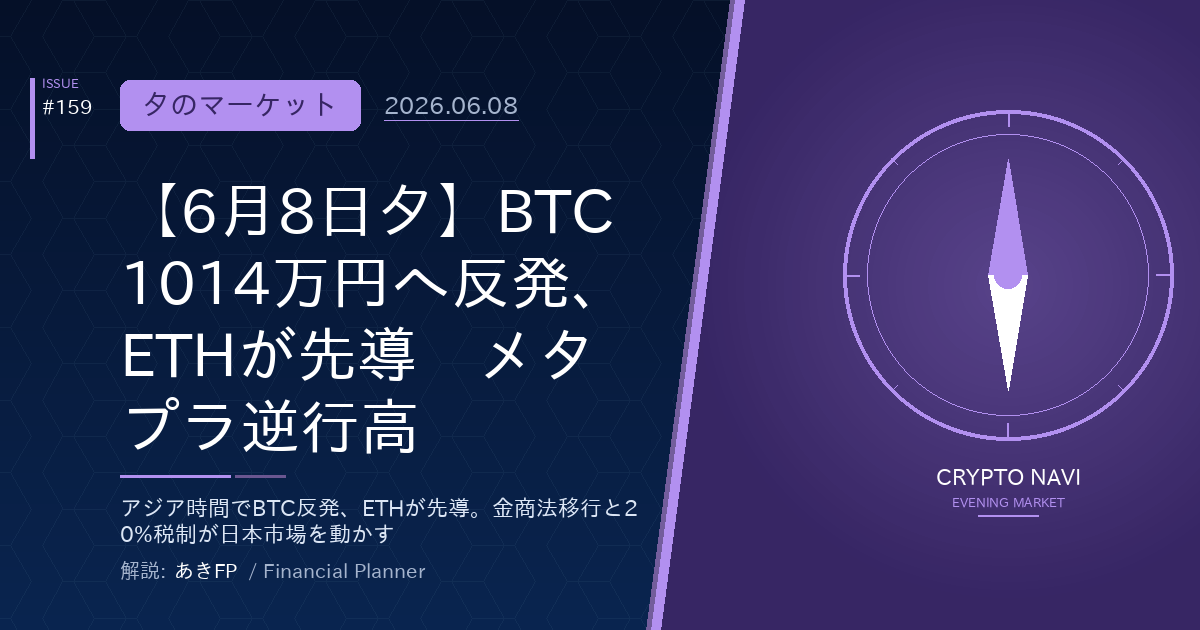 【6月8日夕】BTC1014万円へ反発、ETHが先導　メタプラ逆行高