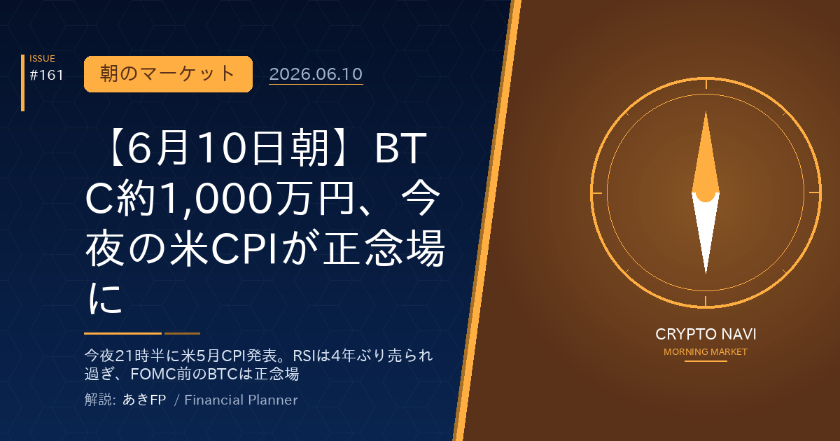 【6月10日朝】BTC約1,000万円、今夜の米CPIが正念場に