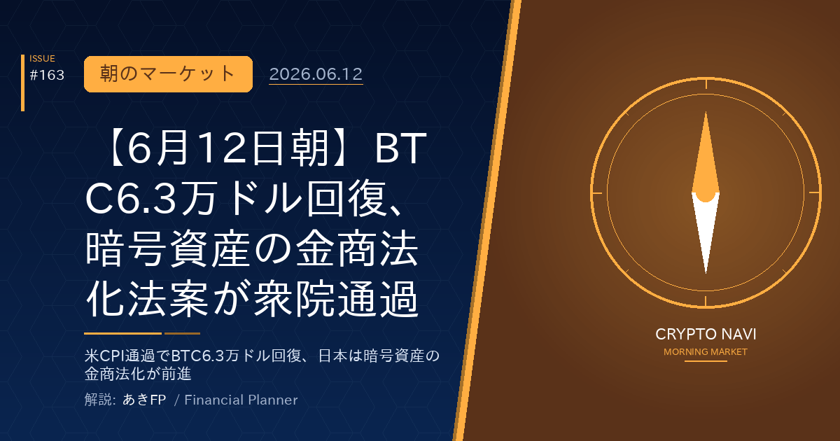 【6月12日朝】BTC6.3万ドル回復、暗号資産の金商法化法案が衆院通過