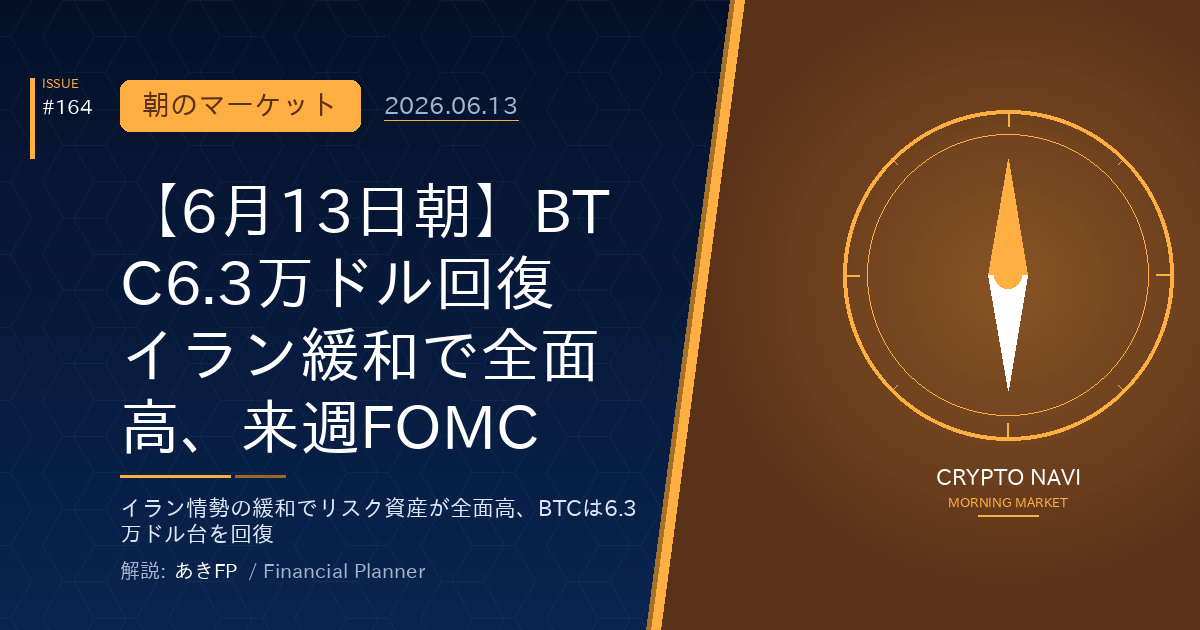 【6月13日朝】BTC6.3万ドル回復　イラン緩和で全面高、来週FOMC