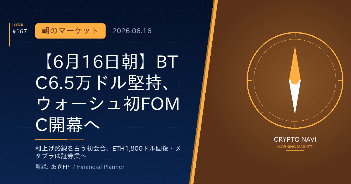 【6月16日朝】BTC6.5万ドル堅持、ウォーシュ初FOMC開幕へ