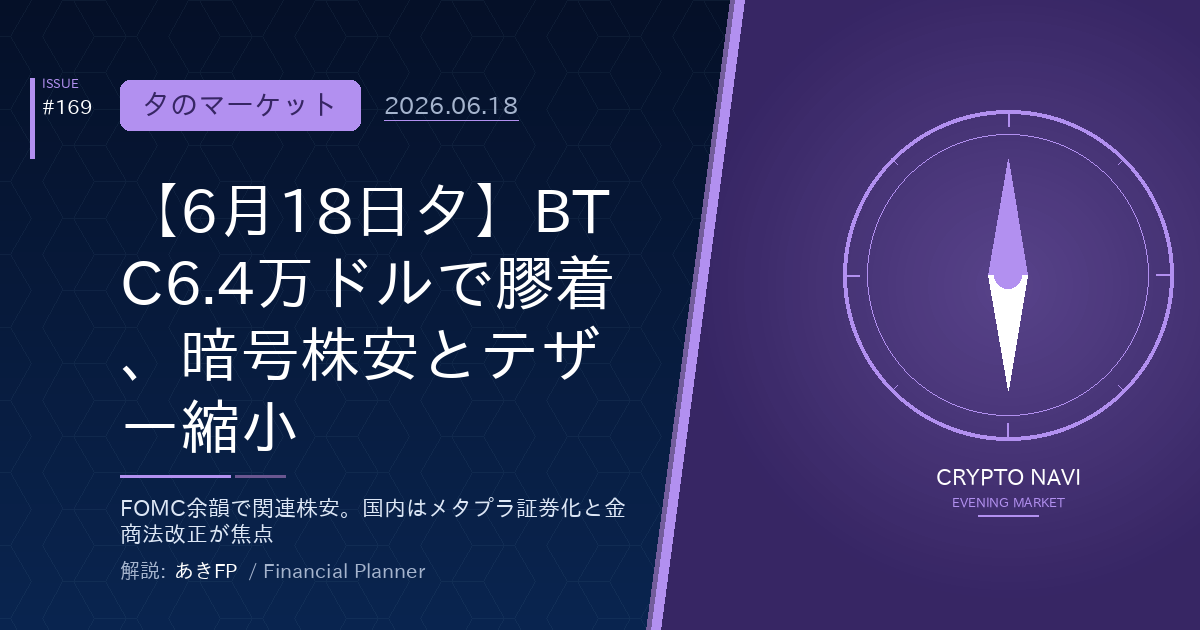 【6月18日夕】BTC6.4万ドルで膠着、暗号株安とテザー縮小