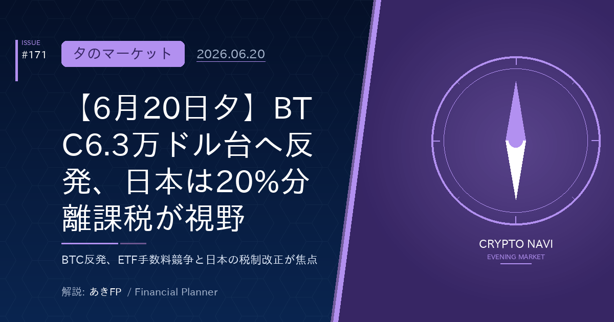 【6月20日夕】BTC6.3万ドル台へ反発、日本は20%分離課税が視野