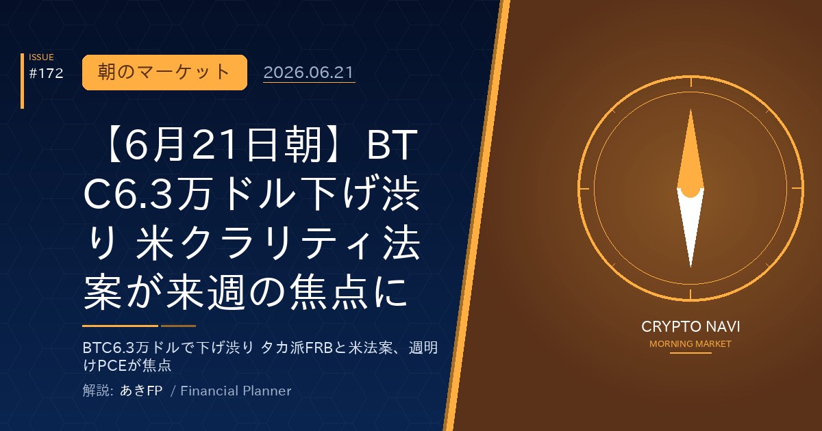 【6月21日朝】BTC6.3万ドル下げ渋り 米クラリティ法案が来週の焦点に