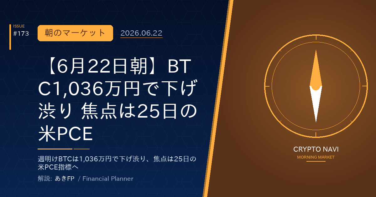 【6月22日朝】BTC1,036万円で下げ渋り 焦点は25日の米PCE