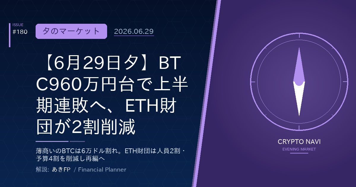 【6月29日夕】BTC960万円台で上半期連敗へ、ETH財団が2割削減