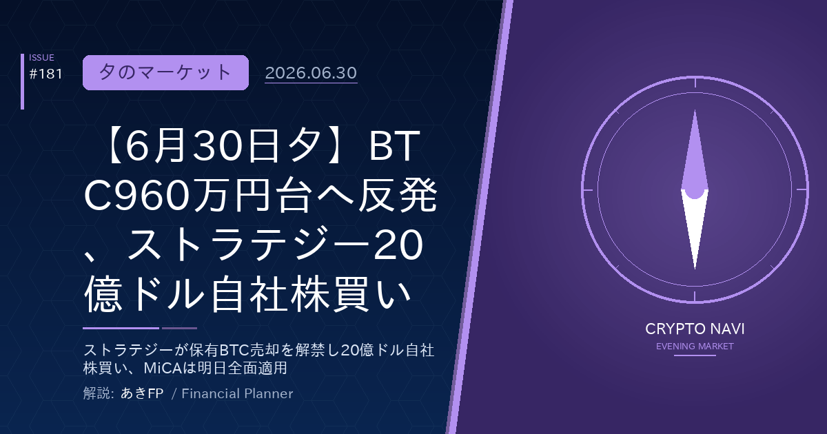 【6月30日夕】BTC960万円台へ反発、ストラテジー20億ドル自社株買い