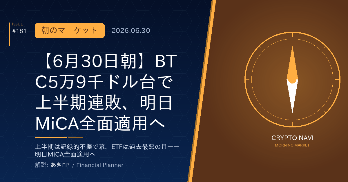 【6月30日朝】BTC5万9千ドル台で上半期連敗、明日MiCA全面適用へ