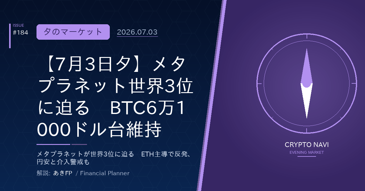 【7月3日夕】メタプラネット世界3位に迫る　BTC6万1000ドル台維持