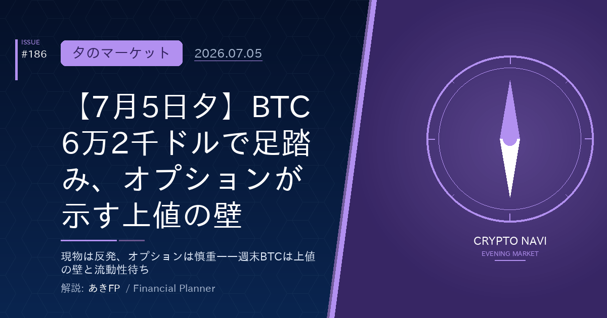 【7月5日夕】BTC6万2千ドルで足踏み、オプションが示す上値の壁