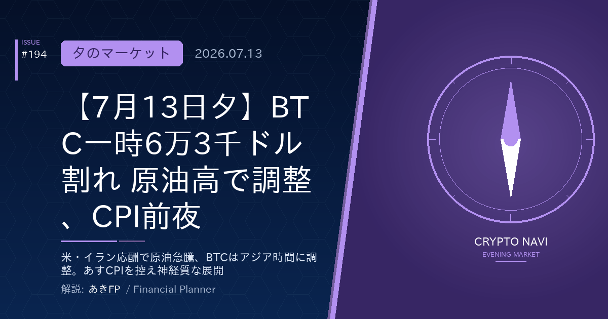 【7月13日夕】BTC一時6万3千ドル割れ 原油高で調整、CPI前夜