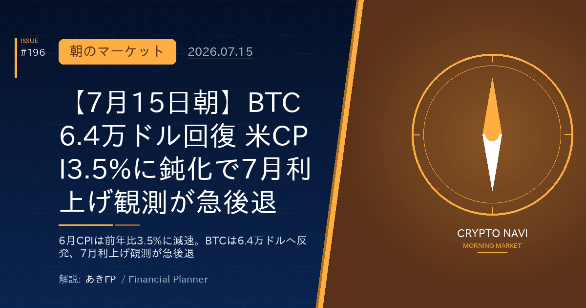 【7月15日朝】BTC6.4万ドル回復 米CPI3.5%に鈍化で7月利上げ観測が急後退