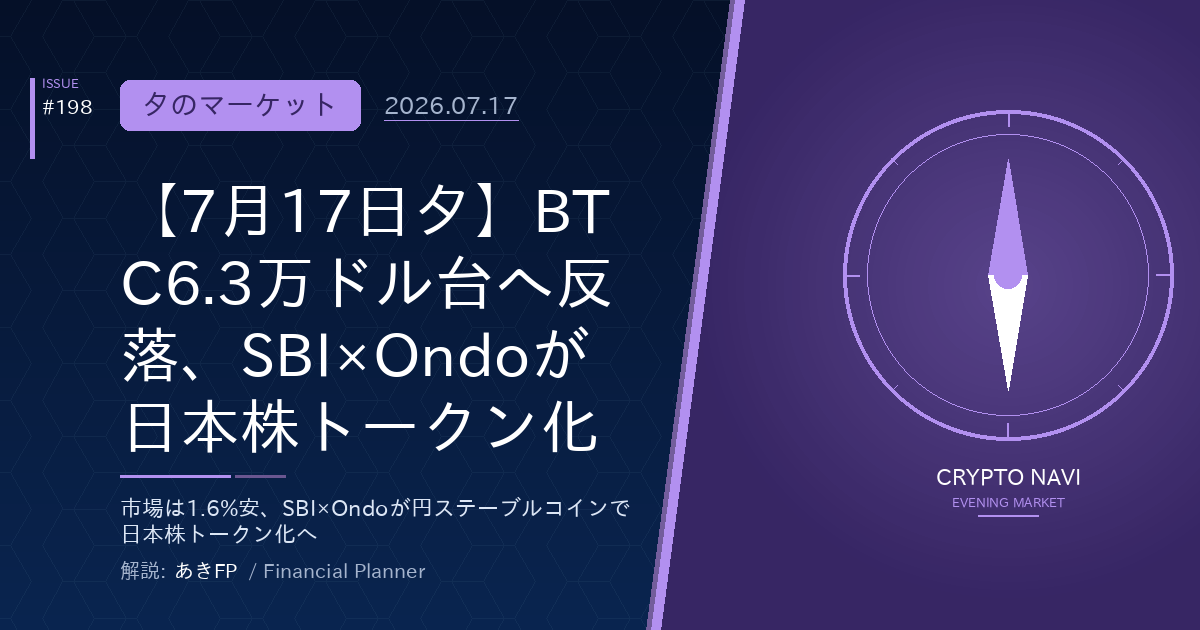 【7月17日夕】BTC6.3万ドル台へ反落、SBI×Ondoが日本株トークン化