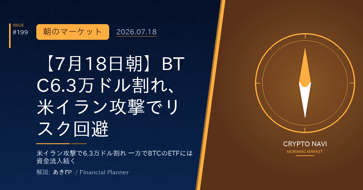 【7月18日朝】BTC6.3万ドル割れ、米イラン攻撃でリスク回避