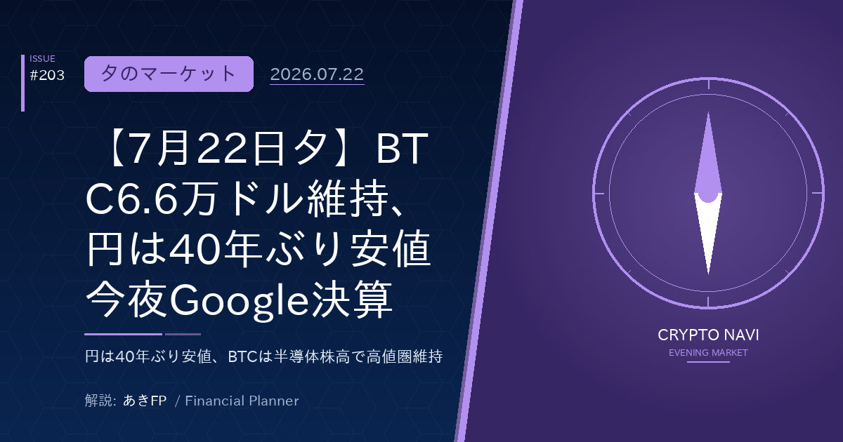 【7月22日夕】BTC6.6万ドル維持、円は40年ぶり安値 今夜Google決算