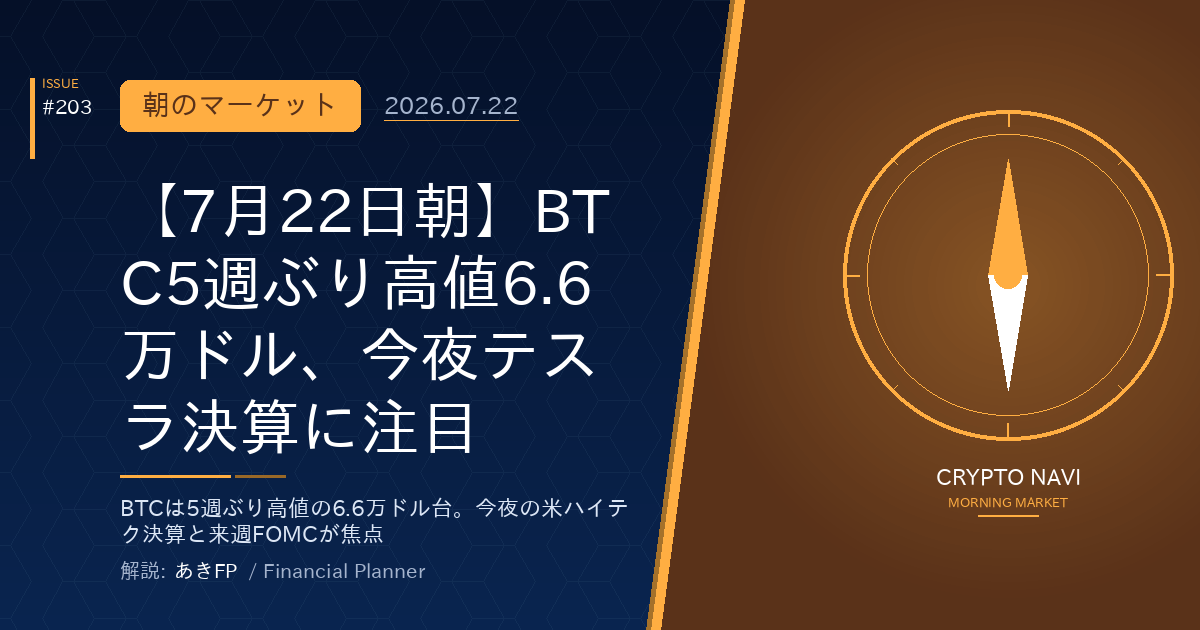 【7月22日朝】BTC5週ぶり高値6.6万ドル、今夜テスラ決算に注目
