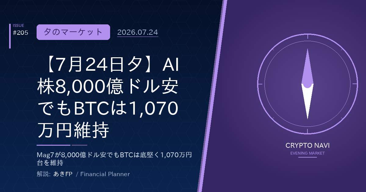 【7月24日夕】AI株8,000億ドル安でもBTCは1,070万円維持