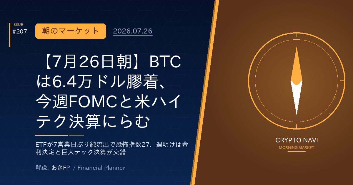 【7月26日朝】BTCは6.4万ドル膠着、今週FOMCと米ハイテク決算にらむ