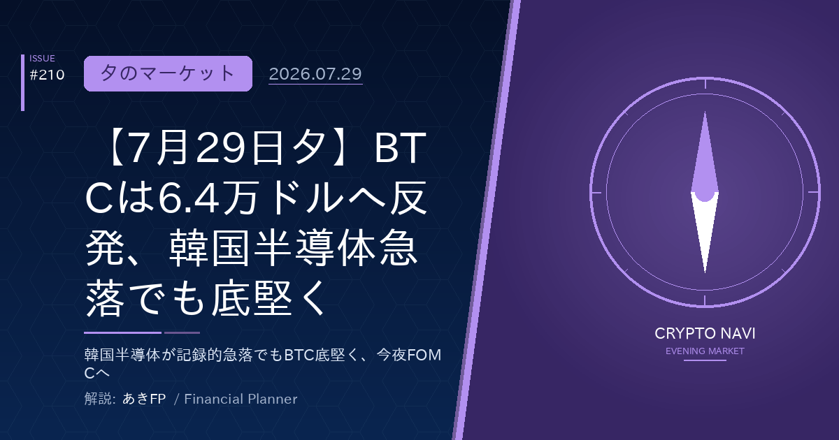 【7月29日夕】BTCは6.4万ドルへ反発、韓国半導体急落でも底堅く