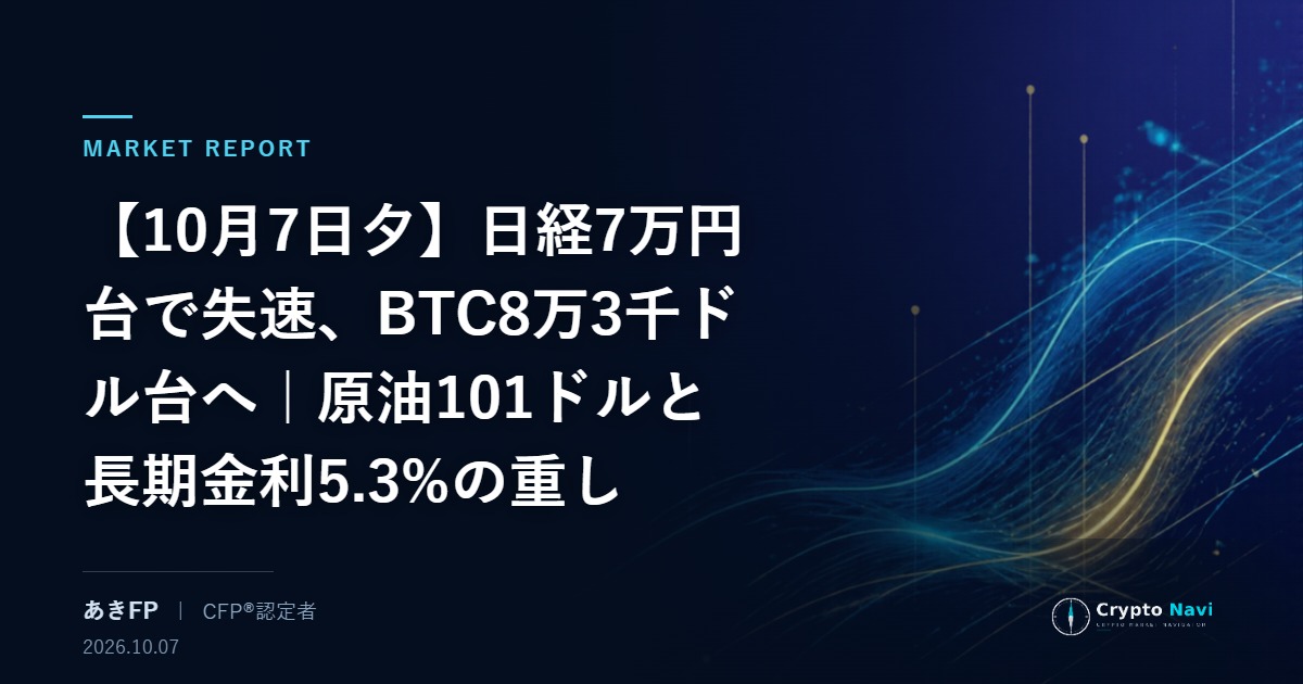 【10月7日夕】日経7万円台で失速、BTC8万3千ドル台へ｜原油101ドルと長期金利5.3%の重し